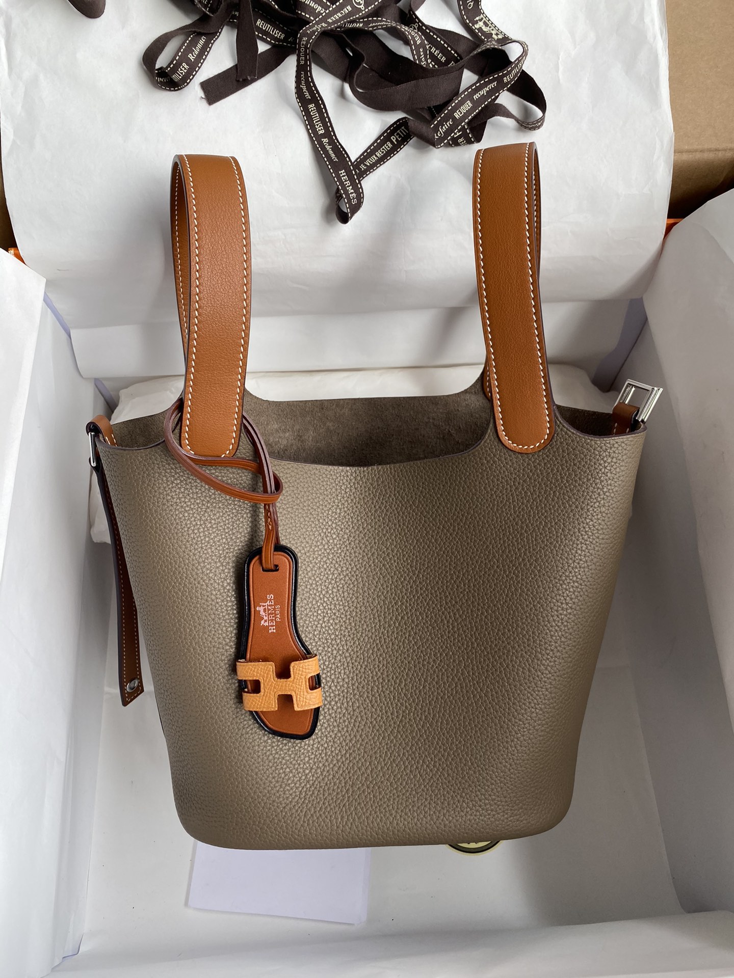 Hermes Picotin Lock 18 Bag In Grey/Brown Clemence Leather